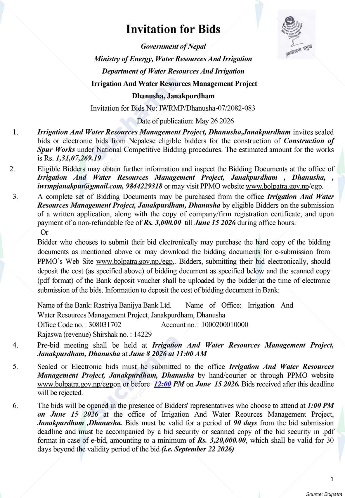 Irrigation and Water Resources Management Project, Dhanusha