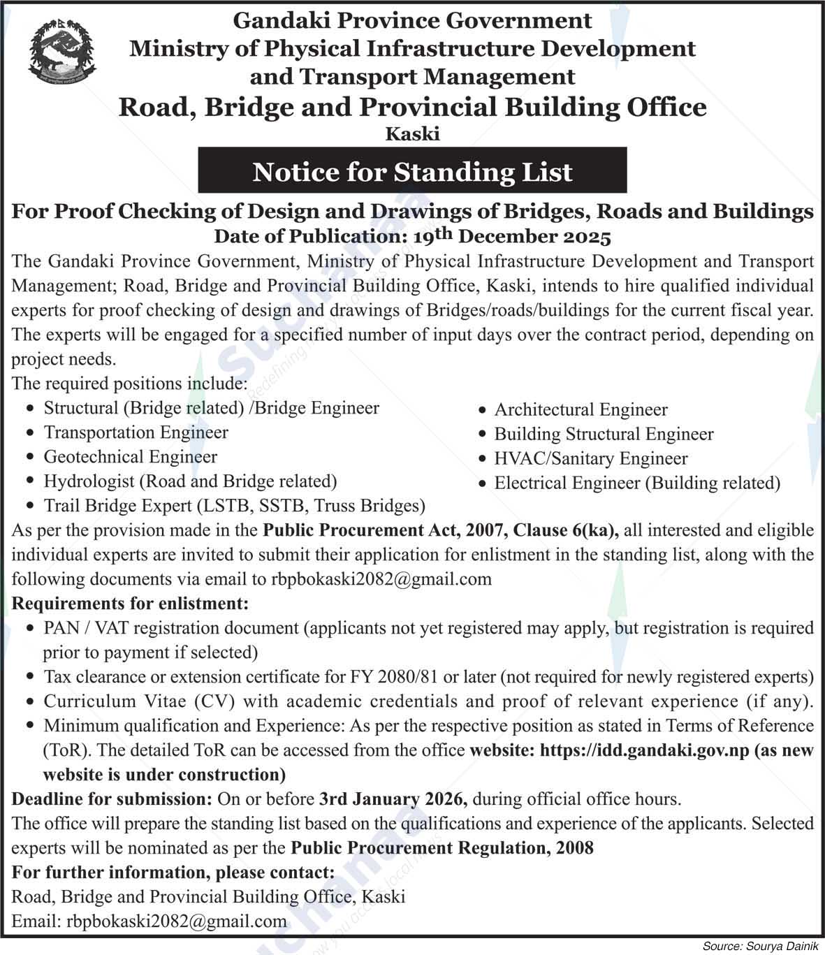 Road, Bridge and Provincial Building Office, Kaski