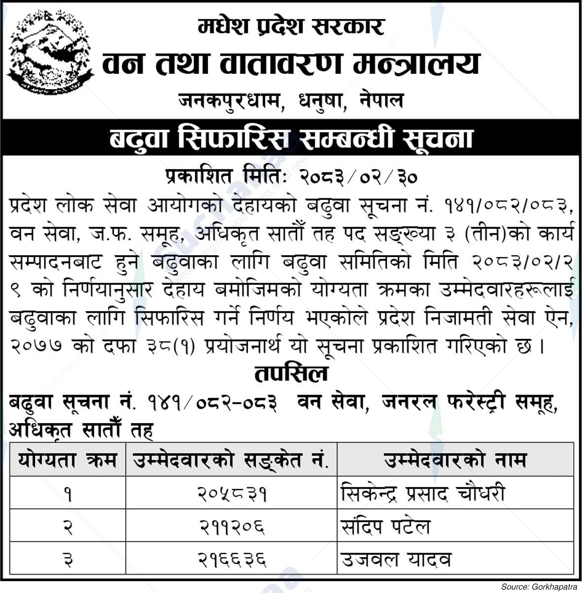 Ministry of Forest and Environment, Madhesh