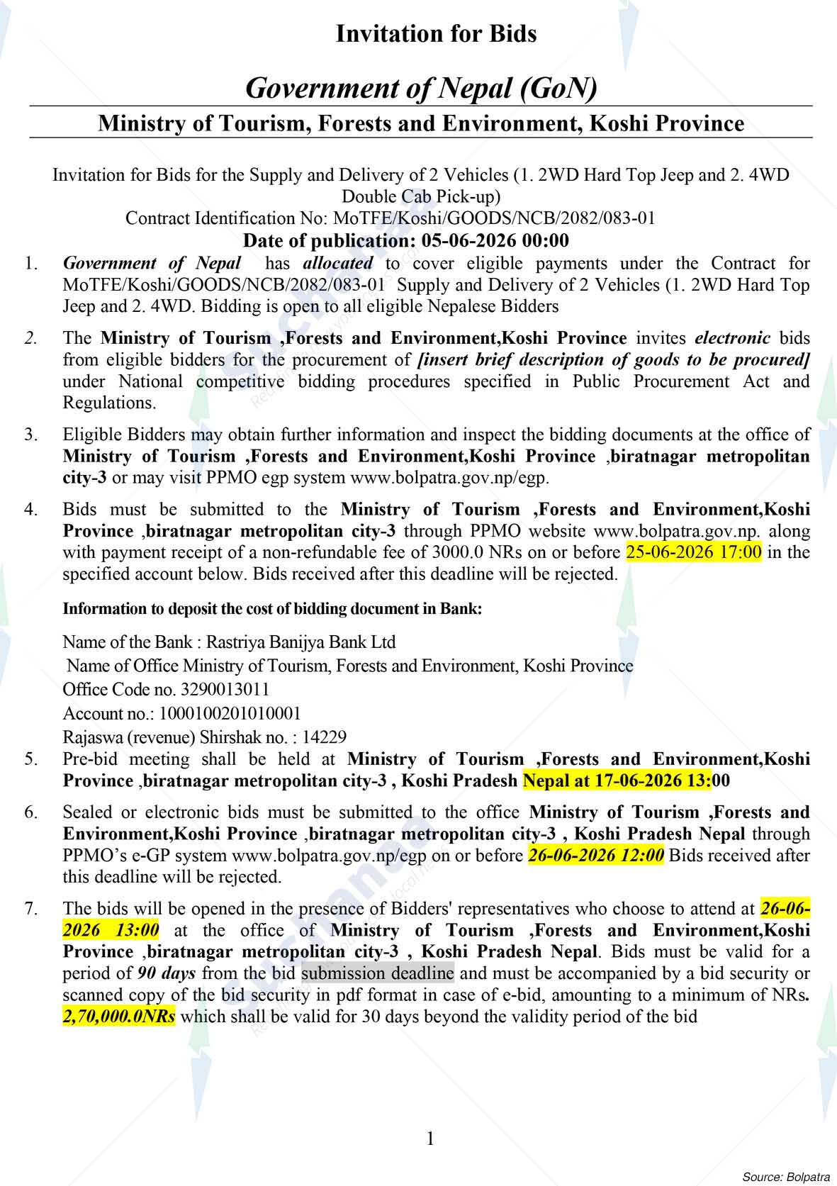 Ministry of Tourism, Forests and Environment, Koshi