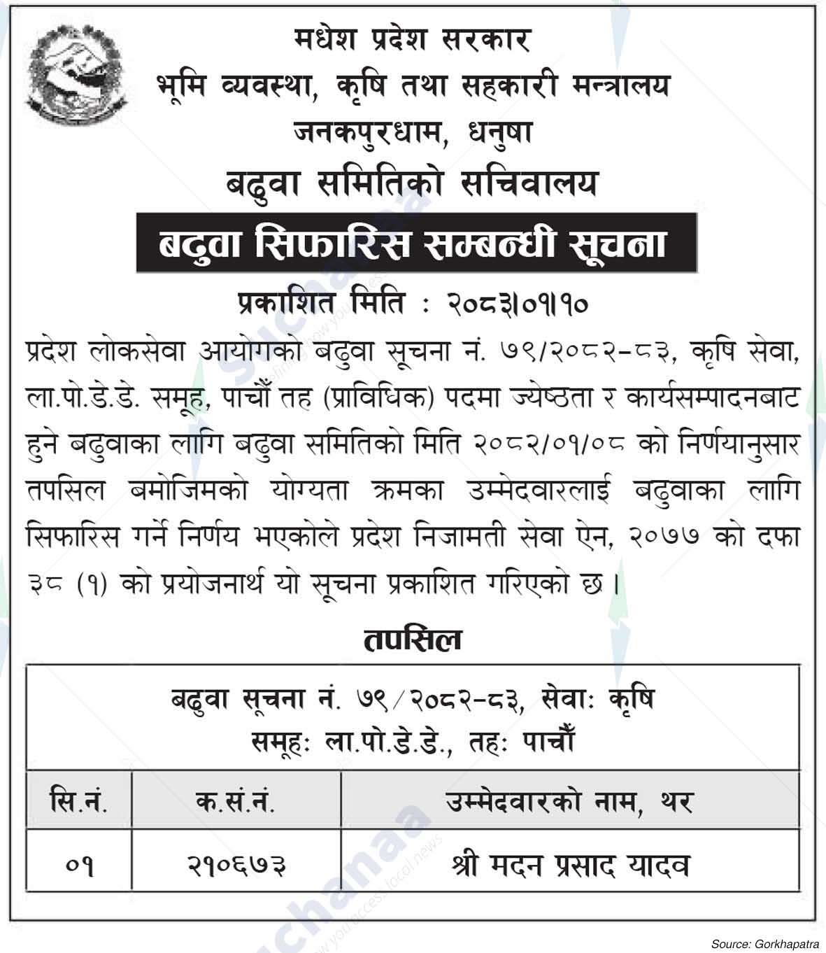 Ministry of Land Management, Agriculture and Co-operatives, Madhesh