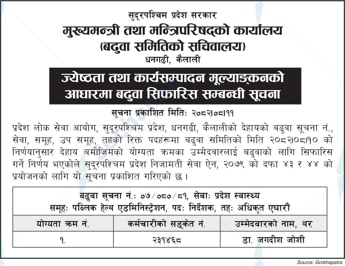 Office of the Chief Minister and Council of Ministers, Sudurpashchim